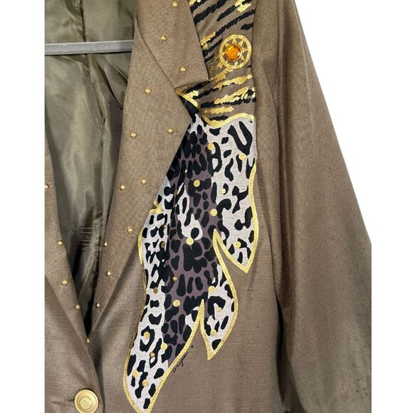 Vintage 80s AB Sport Blazer – Army Green Gold Accents, Animal Print, Jewels - Picture 3 of 4